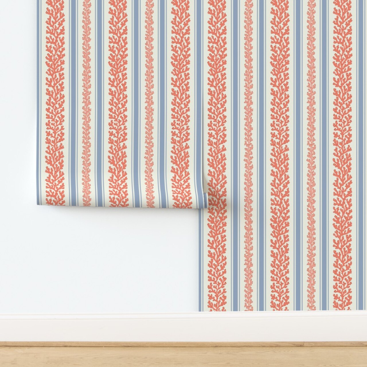 Coastal Vines Blue Red Nautical Beach Botanical Seaweed Algae Grandmillennial Summer Custom Pre-pasted Wallpaper by Spoonflower Pre-Pasted Wallpaper 2FT Wide
